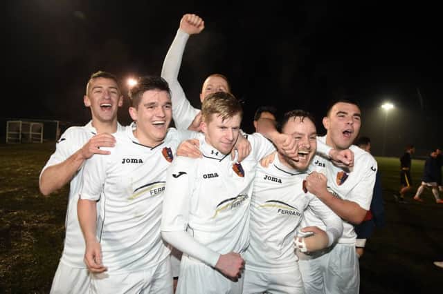 20/01/16 WILLIAM HILL SCOTTISH CUP 4TH RND 
 EAST KILBRIDE v LOTHIAN THISTLE HUTCHISON VALE 
 K PARK - EAST KILBRIDE 
 East Kilbride celebrate as they book their place in the 5th round of the William Hill Scottish Cup against Celtic