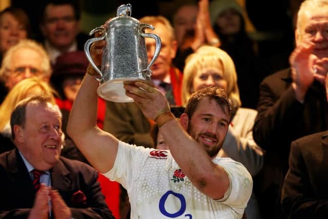 Then England captain Chris Robshaw lifts the trophy following last seasons 25-13 victory at Twickenham. Picture: Getty