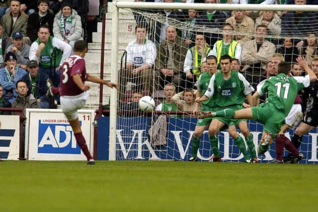 Patrick Kisnorbo shoots for goal in a 2004 win for Hearts. Picture: Kenny Smith