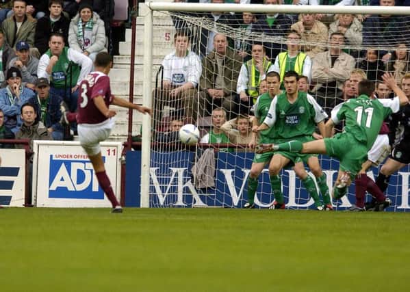 Patrick Kisnorbo shoots for goal in a 2004 win for Hearts. Picture: Kenny Smith
