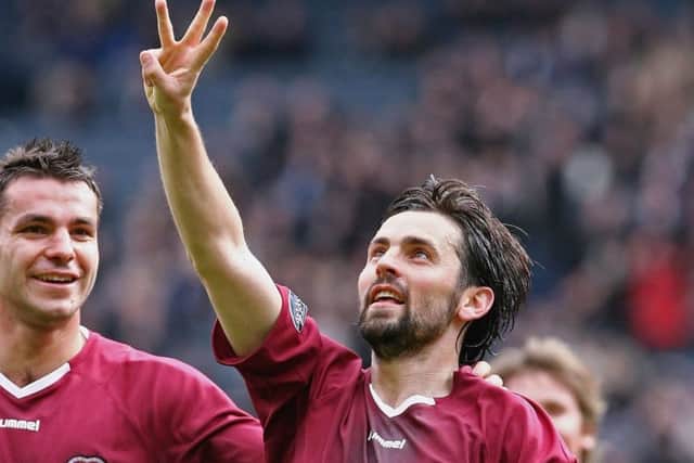 Paul Hartley celebrates his Hampden hat-trick against Hibs in the 2006 semi-final. Picture: by Jeff J Mitchell/Getty Images