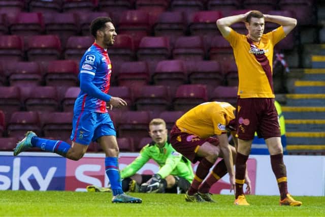Jordan Roberts celebrates after making it 2-1 to Caley Thistle in time added on. Picture: Alan Harvey/SNS