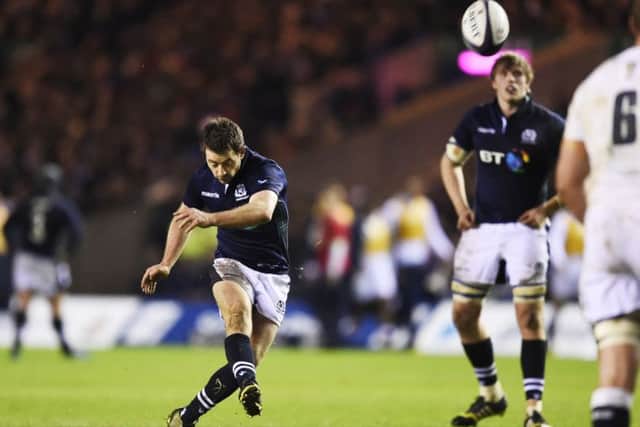 06/02/16. TSPL Shift. RBS Six Nations Rugby, Calcutta Cup match, Scotland v England, Murrayfield Stadium. Scotland's Greig Laidlaw kicks a penalty.
Picture Ian Rutherford