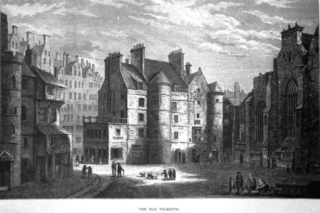 The Old Tolbooth in Edinburgh - picture taken from an etching of an Alexander Nasmyth painting, supplied by the National Library of Scotland.