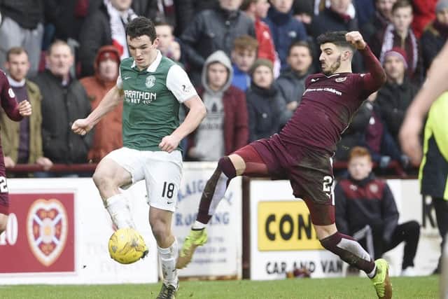 Hibs star John McGinn and Hearts ace Callum Paterson will meet again at Easter Road next Tuesday. Pic: Greg Macvean