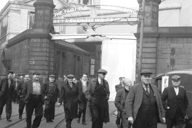 Staff at Fairfield's Shipbuilding and Engineering Company walk out for a mass meeting at the Lyceum Cinema in Glasgow, October 1965. Picture: TSPL