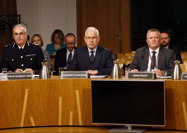 Philip Gormley, Andrew Flanagan and John Foley gave evidence to MSPs yesterday. Picture: Andrew Cowan/Scottish Parliament