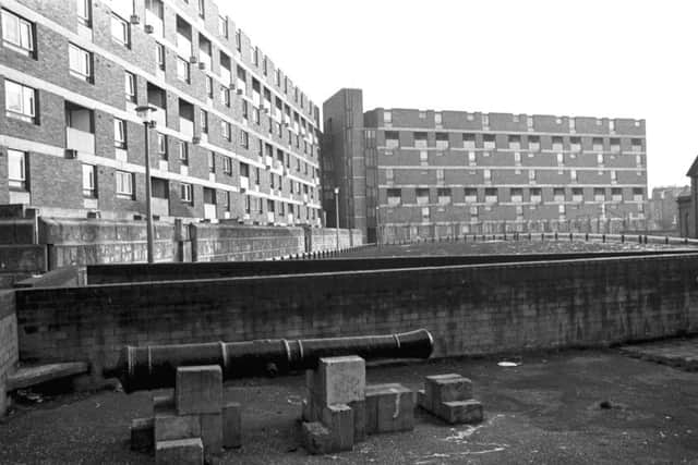 A cannon remains at the Leith Fort housing scheme in Edinburgh, December 1976.