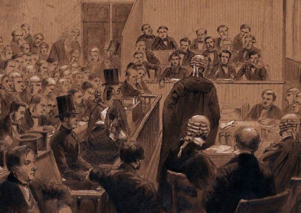 An original courtroom sketch of the trial of Madeline Smith (sitting upright in court) in 1857. A Glasgow socialite accused of murdering her lover, Smith retained her freedom as a result of the not proven verdict.