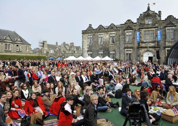 People gather at St Andrews University to watch the Royal Wedding between Prince William and Kate Middleton. Picture: Getty