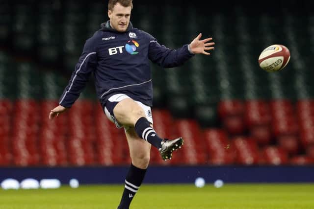 Stuart Hogg practises at the Principality Stadium last night. He was sent off against Wales in 2014. Picture: PA