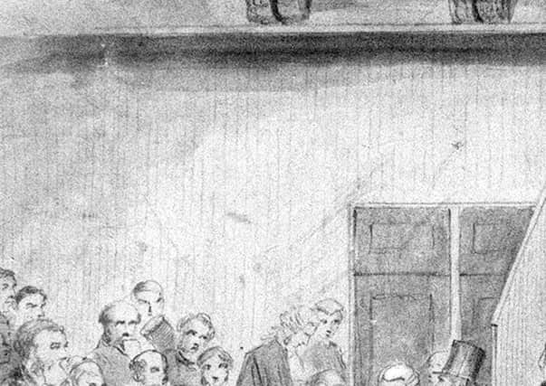An original courtroom sketch of the trial of Madeline Smith (sitting upright in court) in 1857. A Glasgow socialite accused of murdering her lover, Smith retained her freedom as a result of the not proven verdict.