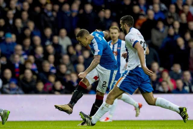 Rangers defender James Tavernier hits the post against Kilmarnock. Picture SNS