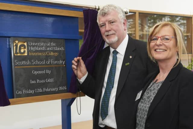New forestry school opened by Ian Ross OBE with Diane Rawlinson, Inverness College UHI Principal.