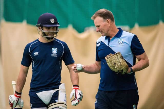 Scotland captain Preston Mommsen, left, and coach Grant Bradburn at the Scottish Cricket Academy. Picture: SNS