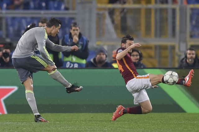 Cristiano Ronaldo scores the opening goal for Real Madrid as the Spanish side win 2-0. Picture: Getty