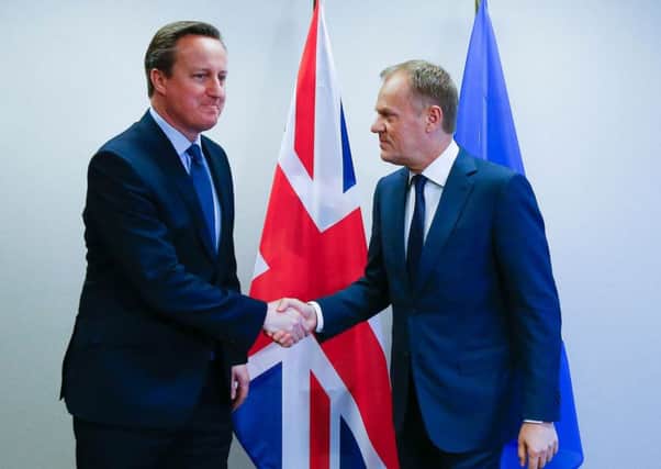David Cameron and European Council president Donald Tusk shake hands during talks. Picture: AFP/Getty Images