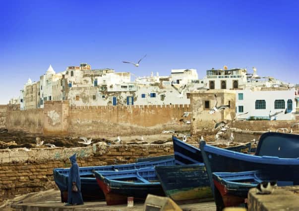 Blue fishing boats on an ocean coast in Essaouira, Morocco