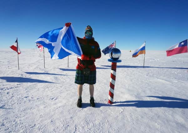Luke Robertson at the South Pole after his trek across Antartica raising funds for Marie Curie UK.

 Â© Luke Robertson 2016