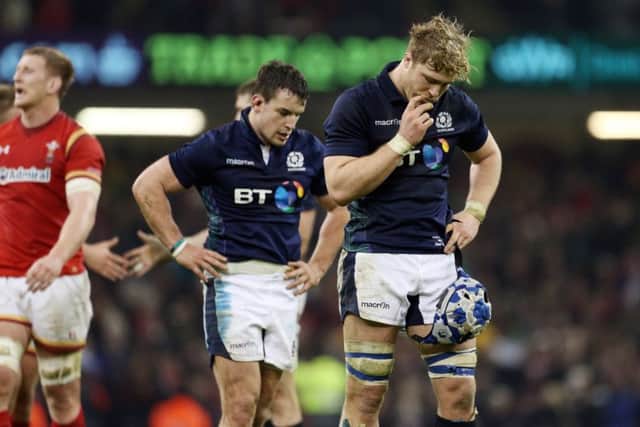 Dejection for Scotland's David Denton following the defeat by Wales. Picture: David Davies/PA