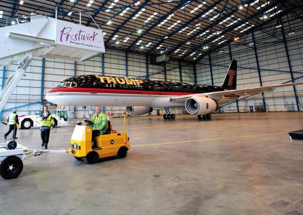 Trump&#39s jet at Prestwick in 2014 for the official partnership unveiling. Picture: SWNS/Hemedia