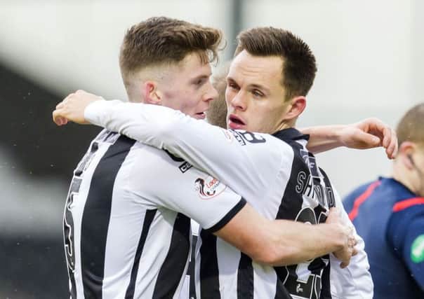 St Mirren scorer Lawrence Shankland, right, celebrates with Jack Baird. Picture: SNS