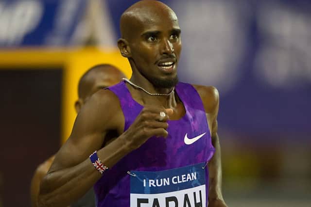 Mo Farah heads for victory in the 3000 metres final with a patient run. Picture: John Devlin