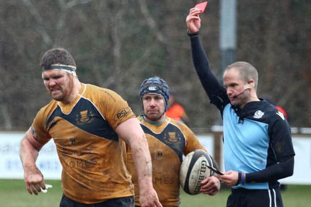 Currie prop Shaun Ruwers is dismissed at Malleny Park but the hosts still beat Watsonians 31-0. Picture: Gordon Fraser
