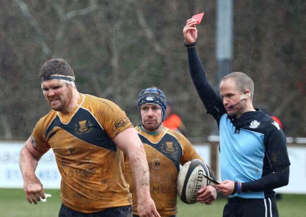 Currie prop Shaun Ruwers is dismissed at Malleny Park but the hosts still beat Watsonians 31-0. Picture: Gordon Fraser