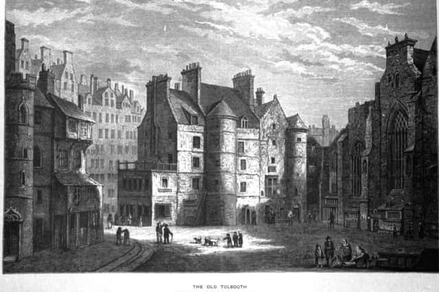The Old Tolbooth in Edinburgh - picture taken from an etching of an Alexander Nasmyth painting, supplied by the National Library of Scotland.