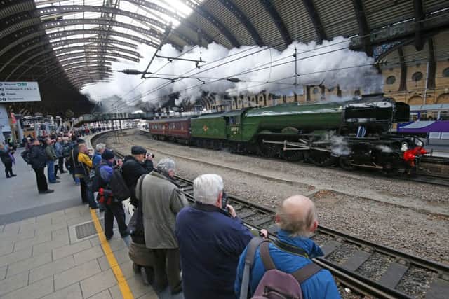 The Flying Scotsman passes through York station today on a test run ahead of its inaugural passenger journey from Kings Cross to York on Thursday. Picture: Owen Humphreys/PA Wire