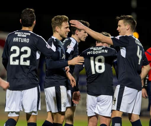 Dundee's Greg Stewart celebrates having scored a fifth for his side. Picture: SNS