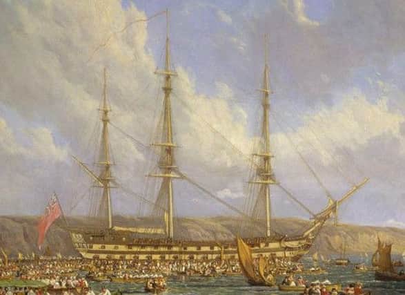 THe radicals were put on the HMS Bellerophon at Edinburgh before being transported to a waiting convict ship at Sheerness. The Bellerophon is where Napoleon was received at Rochefort following his defeat in July 1815. Painting by John James Chalon.