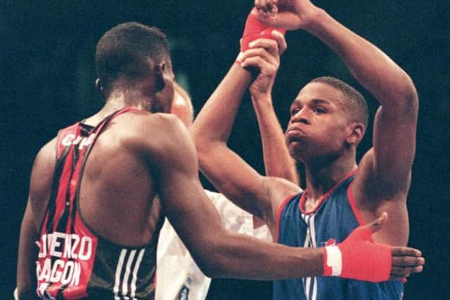 Floyd Mayweather jr, right, at the Atlanta Olympics in 1996, where he  lost in the semi-finals when a hugely controversial decision went in favour of eventual silver medallist Serafim Todorov of Bulgaria. Picture: AFP/Getty