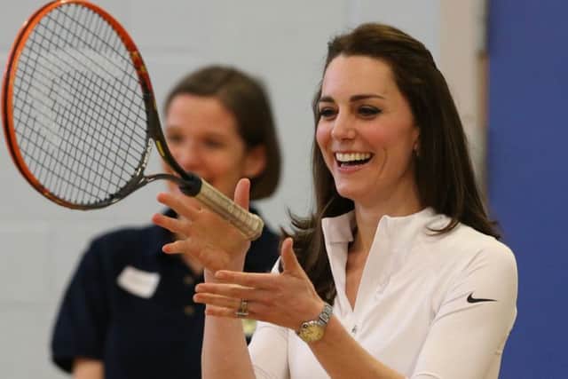 The Duchess of Cambridge takes part in a tennis workshop at Edinburgh's Craigmount High School. Picture: PA