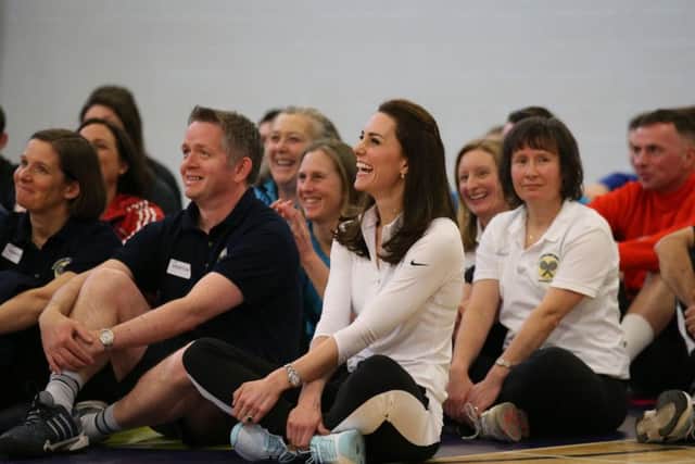 The Duchess of Cambridge takes part in a tennis workshop with Andy Murray's mother Judy. Picture: PA