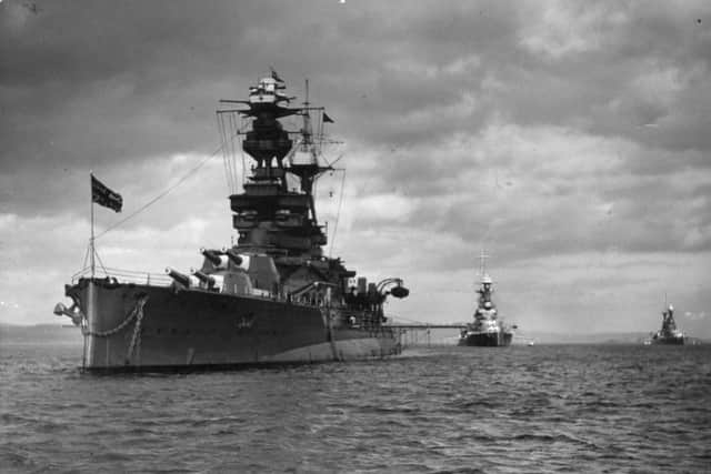 HMS Royal Oak with HMS Revenge behind - vessels of the Home Fleet visit the Firth of Forth in 1938.