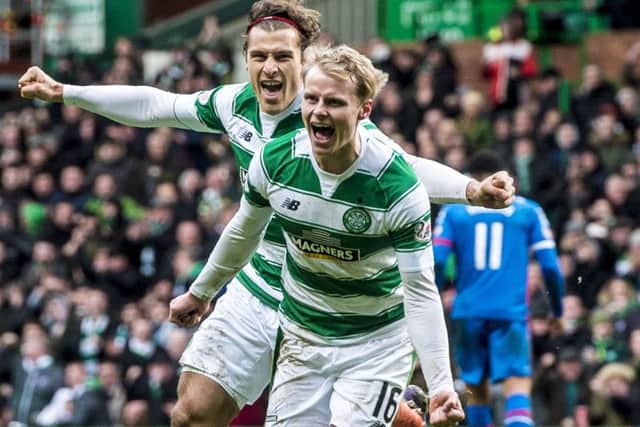 Gary Mackay-Steven (right) celebrates after opening the scoring for Celtic against Inverness last weekend. Picture: SNS