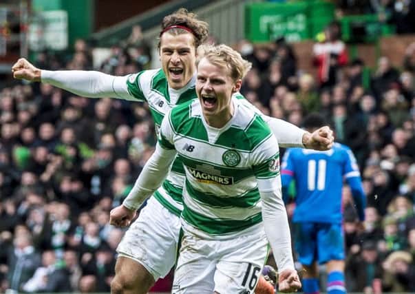 Gary Mackay-Steven (right) celebrates after opening the scoring for Celtic against Inverness last weekend. Picture: SNS