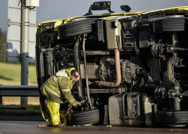 An overturned lorry on the A96 near Huntly, Aberdeenshire, after Storm Gertrude. Picture: Hemedia