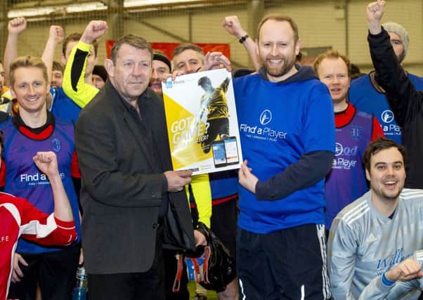 Andy Goram (left) joins Jim Law as they launch the Find a Player App at Socerworld