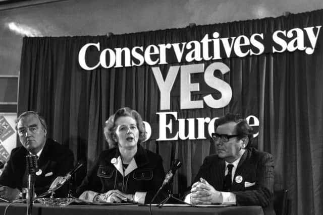 3rd June 1975:  British conservative politician, Margaret Thatcher, with William Whitelaw and Peter Kirk at a referendum conference on Europe.  (Photo by Keystone/Getty Images)