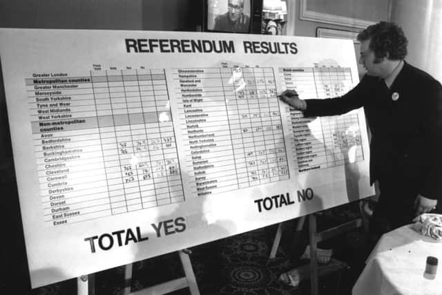 Results of the referendum on the Common Market are added to a noticeboard at the Waldorf Hotel, London. Picture: Getty Images