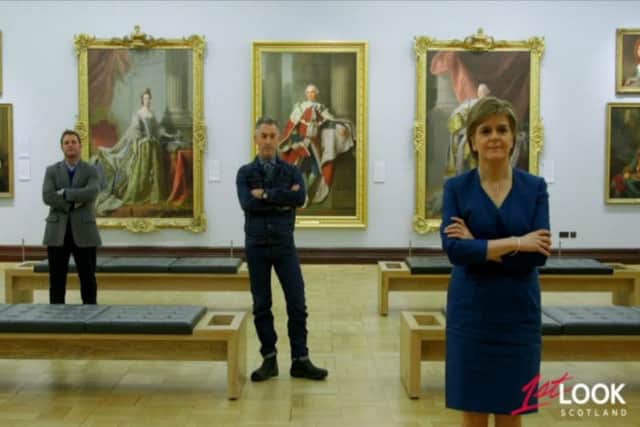 Nicola Sturgeon, Alan Cumming and, rear, George Oliphant evoke memories of Matthew Broderick, Mia Sara and Alan Ruck in Ferris Buellers Day Off. Picture: Contributed