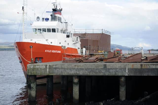 A ship docked at the Ferguson yard for repairs. Picture: John Devlin