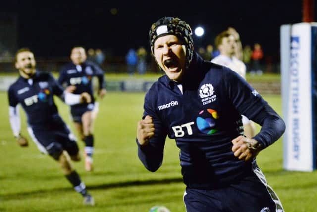 Scotland's Cameron Ferguson celebrates his try. Picture: Alan Harvey/SNS/SRU