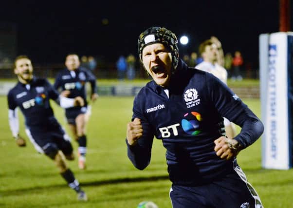 Scotland's Cameron Ferguson celebrates his try. Picture: Alan Harvey/SNS/SRU