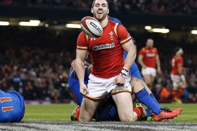 Wales wing George North celebrates scoring his side's try in the win against France. Picture: Adrian Dennis/AFP/Getty Images