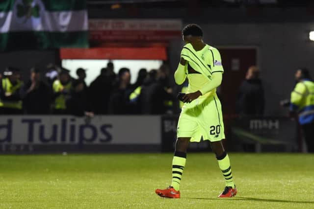 Celtic's Dedryck Boyata was sent off for a challenge on Hamilton's Carlton Morris. Picture: SNS