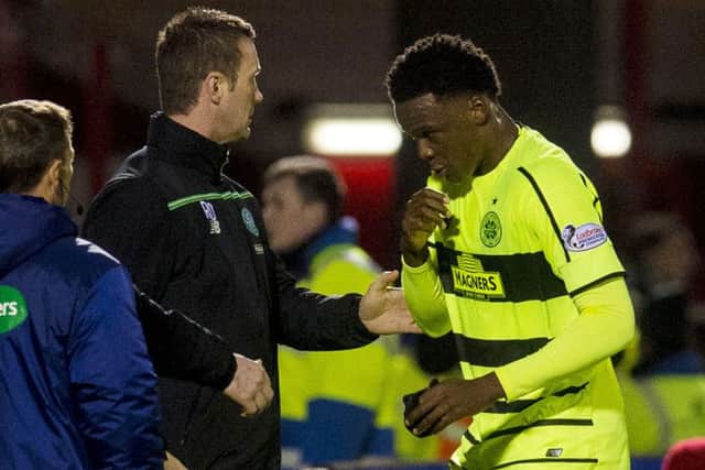 Celtic's Dedryck Boyata is sent off for a challenge on Hamilton's Carlton Morris. Picture: SNS Group